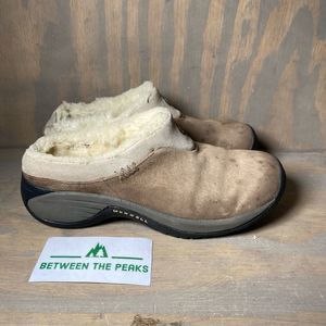 Merrell Womens 6 Encore Ice Clogs Mule Shoes Brown Suede Slip On Flat Heel Lined